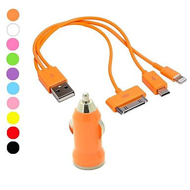 Colorful USB Car Charger with 3-in-1 Portable Travel Cable for iPhone and Others (5V,1A,20cm,Assorted Colors)
