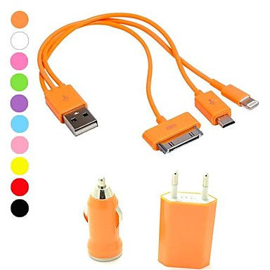 Colorful USB Car Charger with 3-in-1Portable Cable and EU Home Adapter for iPhone (AC110-240V,1A,20cm,Assorted Colors)