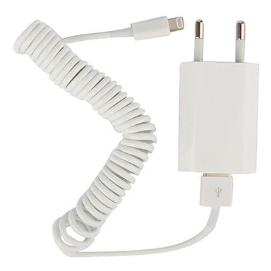 EU Plug AC Wall Charger with Apple 8 Pin Coiled Cable
