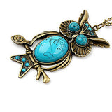 Gun Color Plated Vintage Owl Blue Gem Necklace