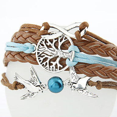 Women's Multilayer Alloy Love Birds Tree and Infinity Handmade Leather Bracelet