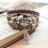 Handmade Fish Jesus Charm Genuine Leather Adjustable Bracelet Wristband Jewelry Valentine's Day Gift Men Women bracelet