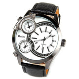 Oulm brand Male Man Quartz Wrist Watch sports Three Movt Time zone Round Dial Genuine Leather Straps