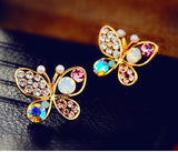 18KG Plated New Korean Luxury Hollow Shiny Colorful Cystal Simulated Pearl 18KGP Butterly Stud Earrings