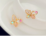 18KG Plated New Korean Luxury Hollow Shiny Colorful Cystal Simulated Pearl 18KGP Butterly Stud Earrings