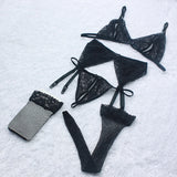 Sexy Lingerie Transparent Lace Cleavage Sack Female Bra + G-string + Adjustable Garter Belt + Net Stockings Sex Toys
