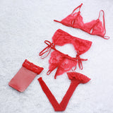 Sexy Lingerie Transparent Lace Cleavage Sack Female Bra + G-string + Adjustable Garter Belt + Net Stockings Sex Toys