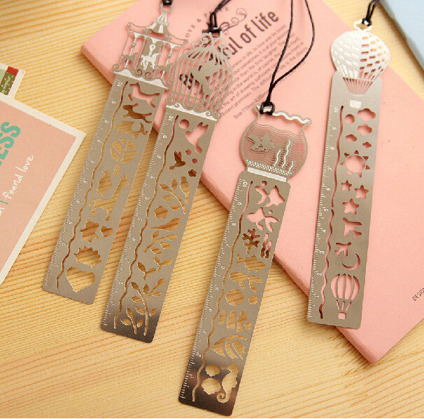 Ruler Bookmarks Birds Fish Hot Air Balloon Carousels Multifunction Metal Rulers With Lanyard Creative Stationery-4pcs/set