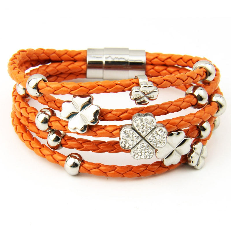 Hot Sell Leather Wrap 18k Rose Gold Plated Bracelet for Women Four Leaf Clover Crystal Charm Jewelry