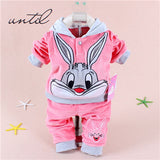 Spring baby set cartoon rabbit velvet set twinset long sleeve set hoodie and pant children clothing