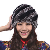 New Style Genuine Knitted Rex Rabbit Fur Hat Natural Rabbit Stripe Fur Caps Fashion Women Beanie Headgear Various Colors