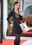 spring fashion medium-long waist breasted solid color Womens Lady Double Breasted Long Jacket Scarf Coat Outwear