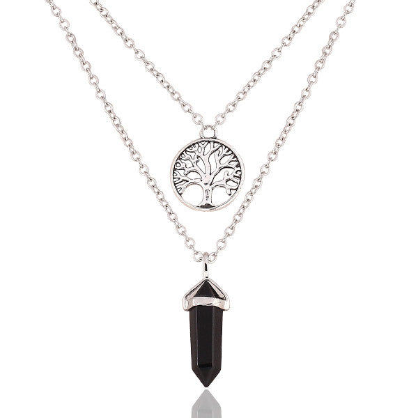 New Fashion Alloy Silver-plated Double Chain necklace jewelry Round Tree Punk black gem necklace pendants statement