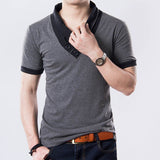 New Mens summer leisure T-shirt fashion slim short sleeve V neck T shirt button decorating Tees Tops