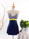 New Sexy Stripe Plus Size Padded Navy Blue Halter Skirt Swimwear Women One Piece Swimsuit Beachwear Bathing Suit