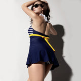 New Sexy Stripe Plus Size Padded Navy Blue Halter Skirt Swimwear Women One Piece Swimsuit Beachwear Bathing Suit