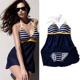 New Sexy Stripe Plus Size Padded Navy Blue Halter Skirt Swimwear Women One Piece Swimsuit Beachwear Bathing Suit