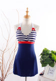 New Sexy Stripe Plus Size Padded Navy Blue Halter Skirt Swimwear Women One Piece Swimsuit Beachwear Bathing Suit