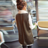 Winter Women Lady Leisure Fashion Warm Faux Fur Collar Vest Long Leather Waistcoat Coat Outerwear Brown