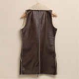 Winter Women Lady Leisure Fashion Warm Faux Fur Collar Vest Long Leather Waistcoat Coat Outerwear Brown