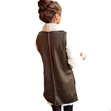 Winter Women Lady Leisure Fashion Warm Faux Fur Collar Vest Long Leather Waistcoat Coat Outerwear Brown