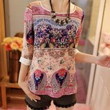 Lace Printing Three Quarter Puff Sleeves Round-neck Loose Tops Garment Summer Casual Wear For Women Ladies Blouses