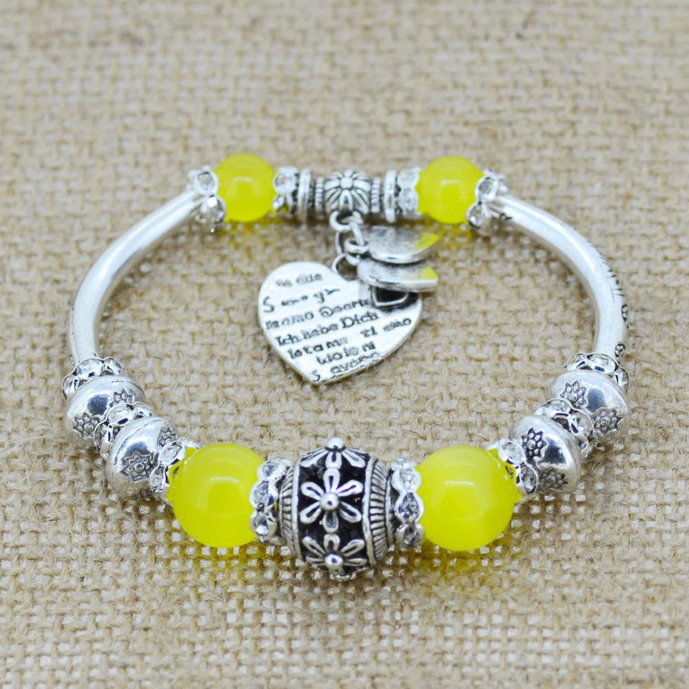 Fashion serling silver jewelry love heart charm bangles & bracelets glass beads strand bracelets for women fine jewelry
