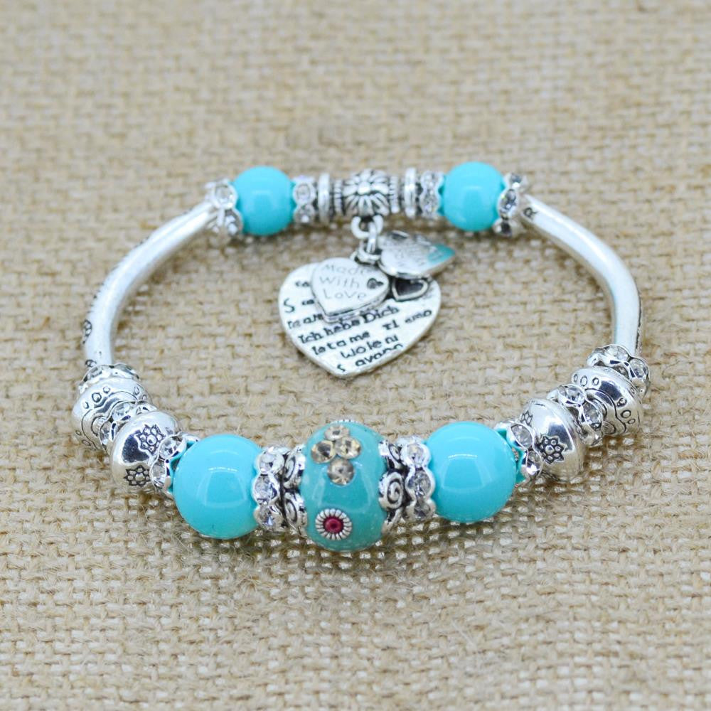 Fashion serling silver jewelry love heart charm bangles & bracelets glass beads strand bracelets for women fine jewelry