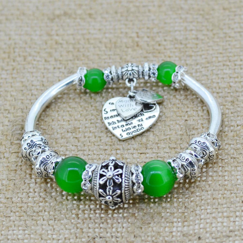 Fashion serling silver jewelry love heart charm bangles & bracelets glass beads strand bracelets for women fine jewelry
