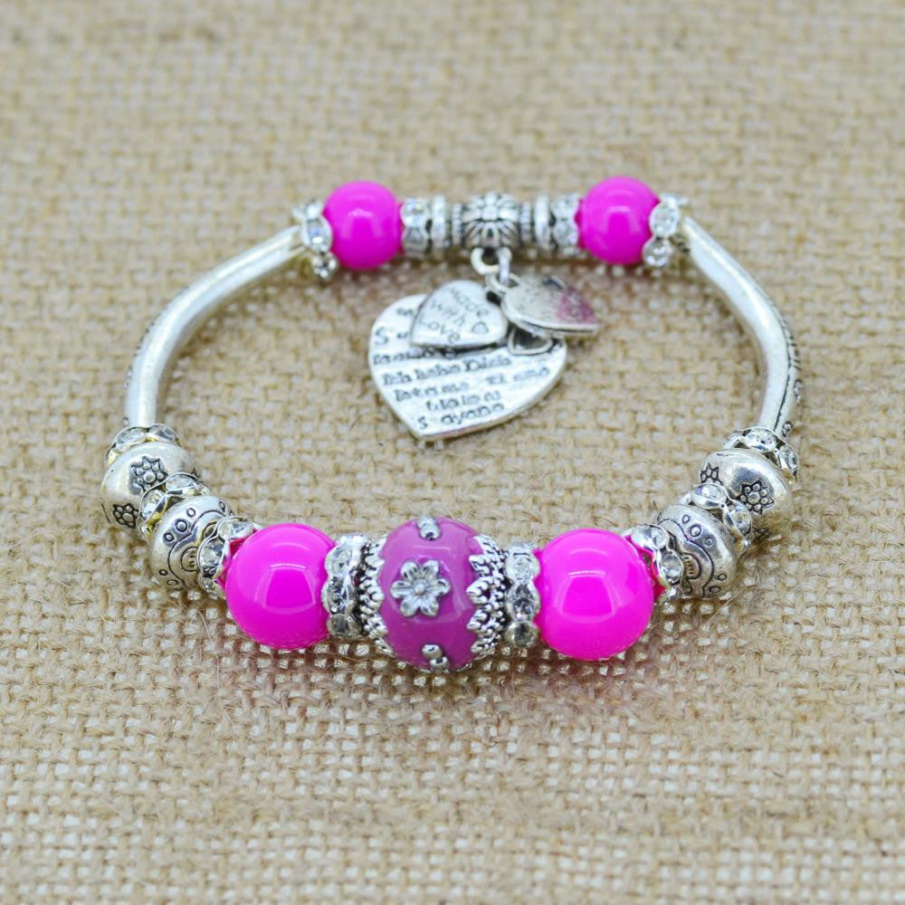 Fashion serling silver jewelry love heart charm bangles & bracelets glass beads strand bracelets for women fine jewelry