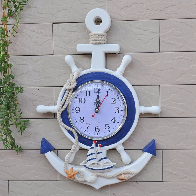 Mediterranean-Style Wooden Helmsman Wall Clock Creative Blue And White Home Decor Watch Wall Small Style