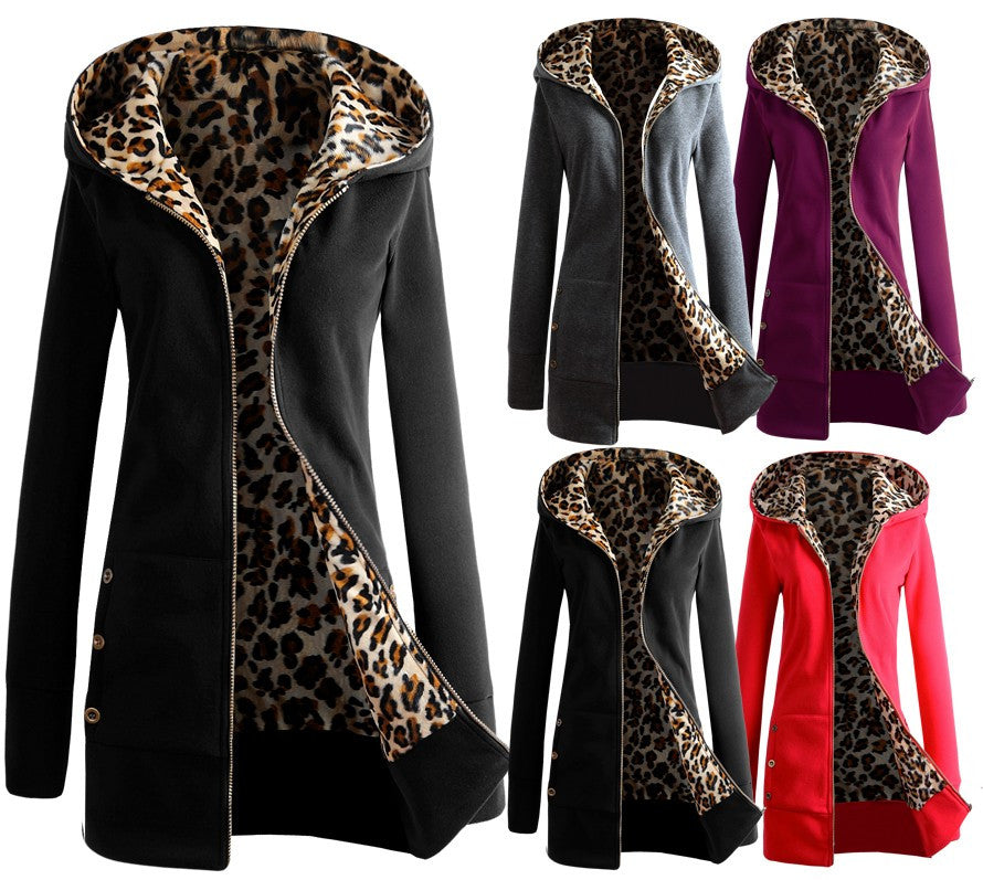 Autumn Winter Fashion Womens Leopard Printed Zipper Up Hooded Coat Jacket Long Sleeve Outwear Sweatshirts