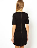 Fashion Women Autumn Winter Dress Short Sleeve Knitted Leather Patchwork Black Dresses Back Zip Straight Mini Casual Dress
