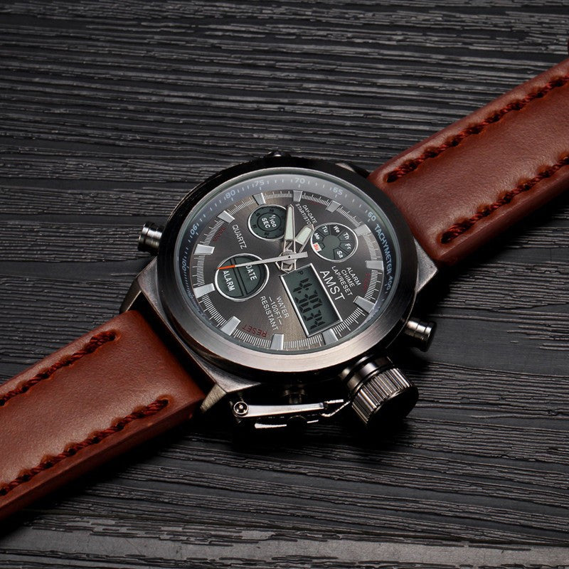 Men Sport Military Watch AMST Brand Dive LED Watches Genuine Leather Quartz Watch Men Wristwatches