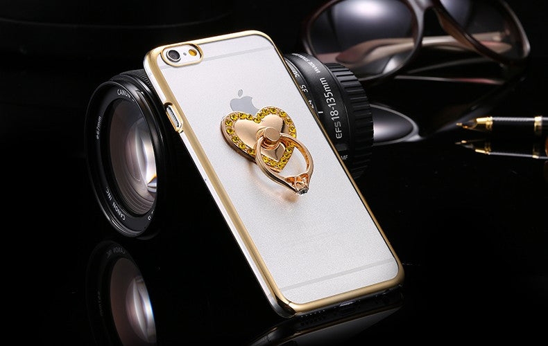Metal Plating Bling Diamond Pattern Case For Iphone 6 6s / 6s Plus Hard PC Ring Love Stand Back Phone Cover