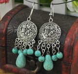 Ethnic Style Tibetan Silver Turquoise Earrings Hollow Out Long Tear Drop Earrings Brincos Wholesale Jewelry