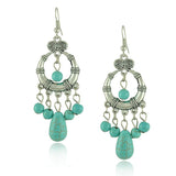 Ethnic Style Tibetan Silver Turquoise Earrings Hollow Out Long Tear Drop Earrings Brincos Wholesale Jewelry