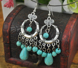 Ethnic Style Tibetan Silver Turquoise Earrings Hollow Out Long Tear Drop Earrings Brincos Wholesale Jewelry