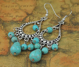 Ethnic Style Tibetan Silver Turquoise Earrings Hollow Out Long Tear Drop Earrings Brincos Wholesale Jewelry