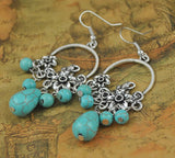 Ethnic Style Tibetan Silver Turquoise Earrings Hollow Out Long Tear Drop Earrings Brincos Wholesale Jewelry
