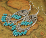 Ethnic Style Tibetan Silver Turquoise Earrings Hollow Out Long Tear Drop Earrings Brincos Wholesale Jewelry