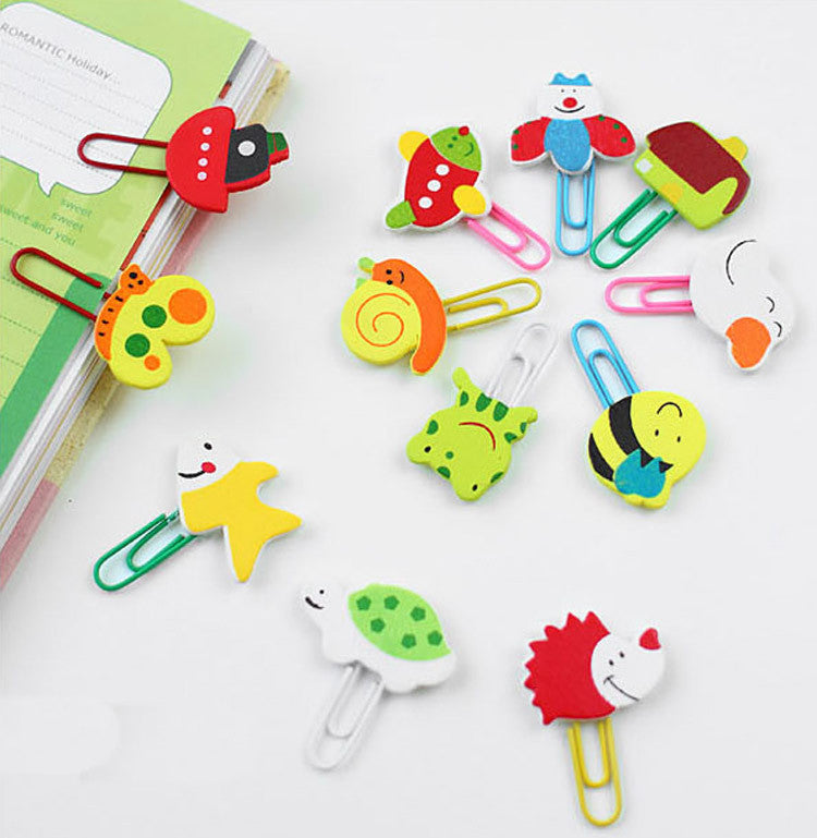 Cute Cartoon Animal Pattern Wooden Paper Note Clips Bookmark Bookmarker Paperclip-12pcs/set