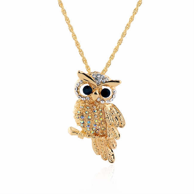 Vintage 18K Gold Rhinestone Filled Cute Owl Necklaces & Pendants For Women Long Necklace