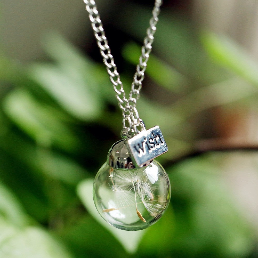 New Wish bottle Necklace Real Dandelion Seeds Water Drop Bottle Botanical Pendant Necklace For Women