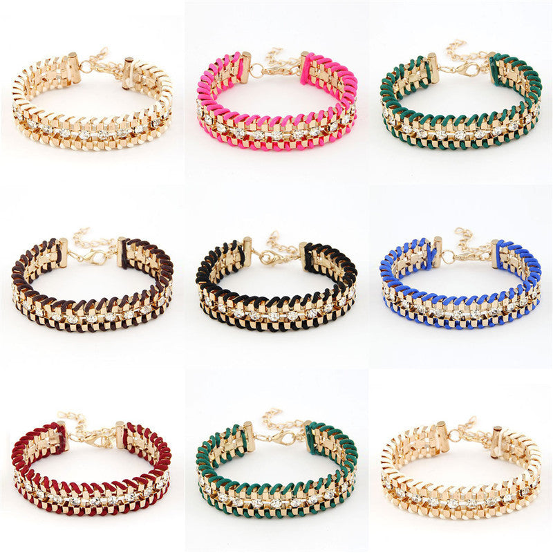 Fashion Retro Vintage Lady Alloy Metal Jewelry Braided Rope CZ Diamond Crystal Bracelets & Bangles Summer Style Jewelry