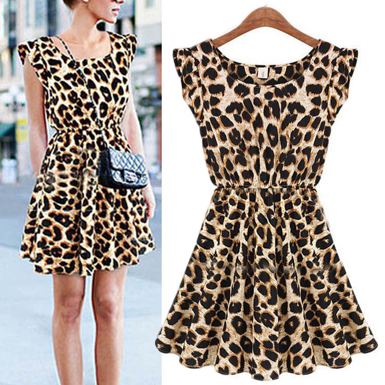 New Fashion Womens Summer Casual Pleated Leopard Print Dress Sundress Crew Neck Cap Sleeve Mini Club Dresses