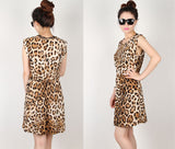 New Fashion Womens Summer Casual Pleated Leopard Print Dress Sundress Crew Neck Cap Sleeve Mini Club Dresses