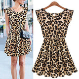 New Fashion Womens Summer Casual Pleated Leopard Print Dress Sundress Crew Neck Cap Sleeve Mini Club Dresses