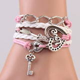 New handmade bracelet lock+key +Cupid's Arrow Charms Infinity Bracelet white&pink leather Braclet. Best Couple Gift