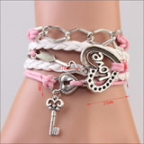 New handmade bracelet lock+key +Cupid's Arrow Charms Infinity Bracelet white&pink leather Braclet. Best Couple Gift